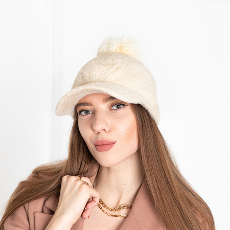 Beige women's fur hat with visor - Accessories