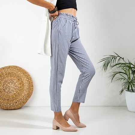 Blue women's trousers with a striped waistband - Clothing