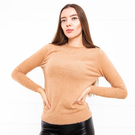Brown fur women's sweater with a stand-up collar - Clothing