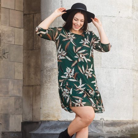 Dark green women's flared dress with a floral pattern PLUS SIZE - Clothing