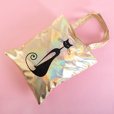 Gold holographic shoulder bag with a cat's print - Handbags
