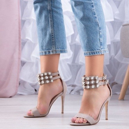 Gray sandals on a high heel with cubic zirconia Elvine - Footwear