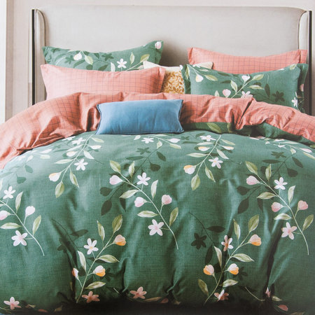 Green bedding with flowers 200x220 3-PIECE set - Bed linen