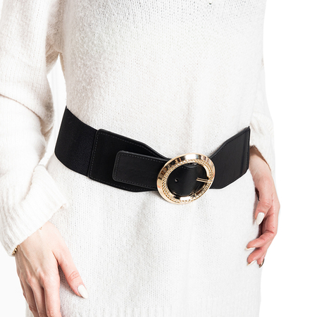 Ladies' black elastic belt with a golden buckle - Accessories