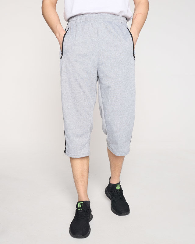 Light gray men's 3/4 sweatpants with stripes - Clothing