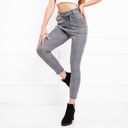 Light gray women's treggings with a checkered belt - Trousers
