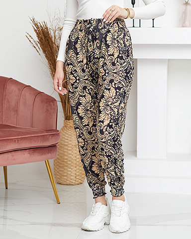 Navy blue and beige women's trousers with print - Clothing
