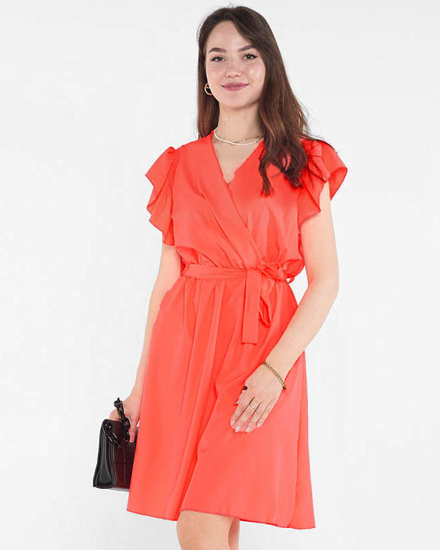 Neon coral women's mini dress with a tie - Clothing