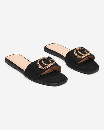 OUTLET Black eco suede slippers with golden Hana ornament - Footwear