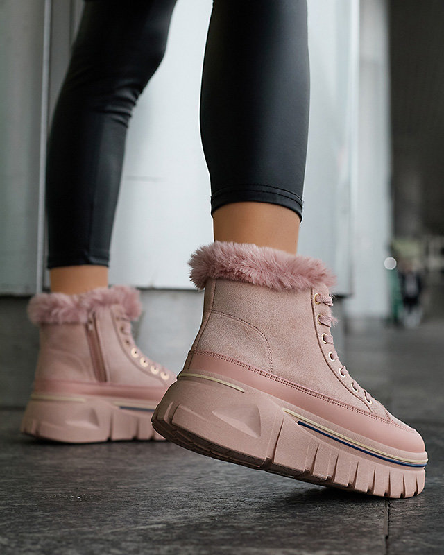 Pink women's platform lace-up snow boots - Footwear