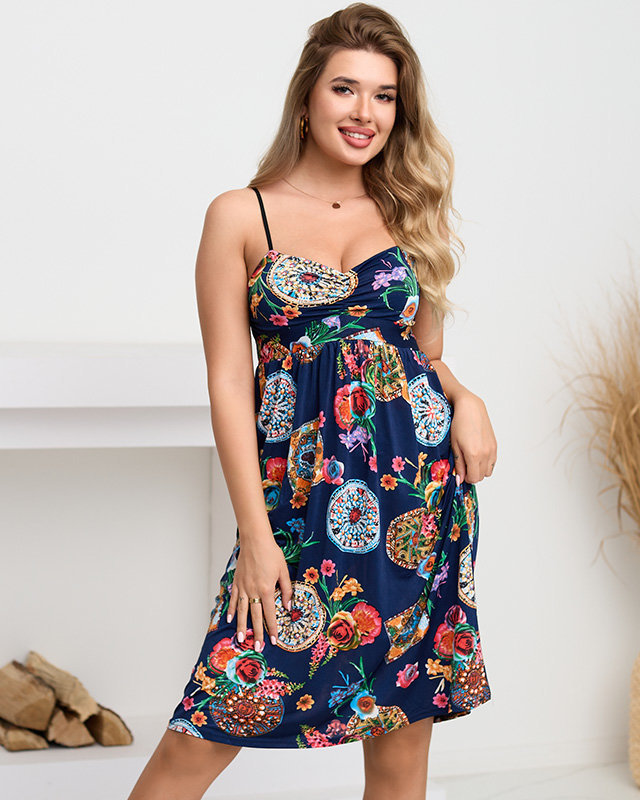 Short dress for women, navy blue with print - Clothing
