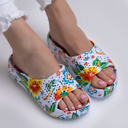 White - green women's rubber slippers with a floral pattern of Pikolisa - Footwear