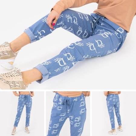 Women's blue fabric trousers with inscriptions - Clothing