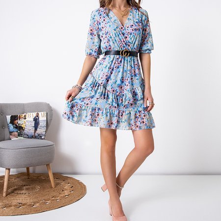 Women's blue mini dress with pink flowers - Clothing