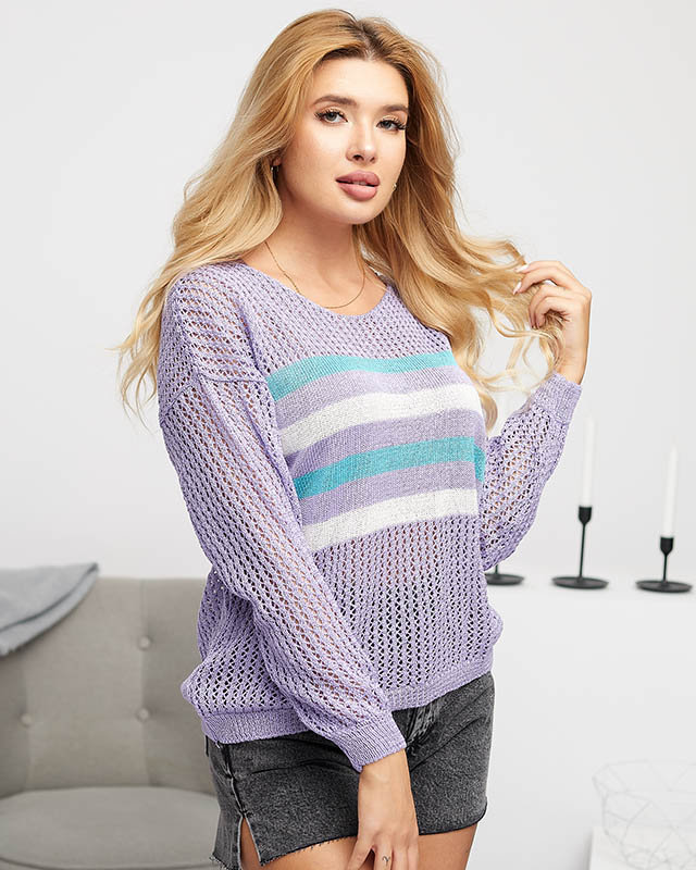 Women's purple striped openwork sweater - Clothing