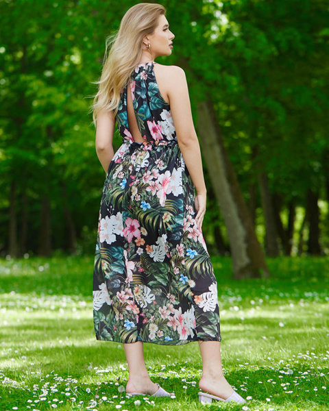 Black women's maxi dress with flowers - Clothing