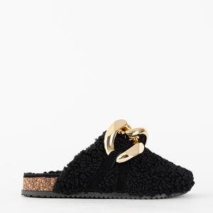 Black women's slippers with sheepskin and a chain Juka - Shoes