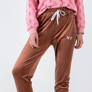 Brown women's sweatpants with embroidered inscription - Clothing
