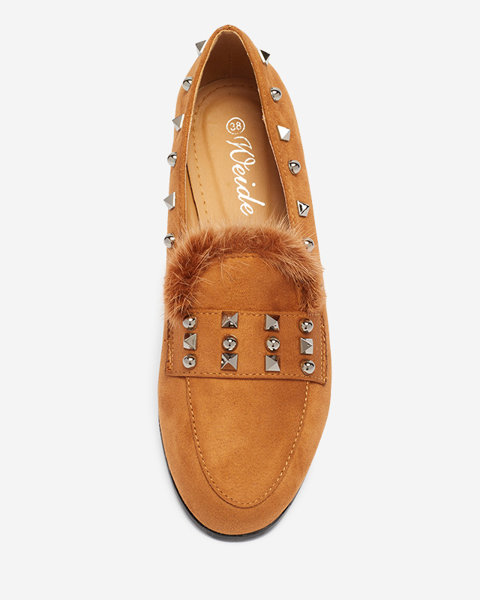 Camel women's loafers with rhinestones and fur Nerrov- Shoes