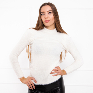 Cream fur women's sweater with a stand-up collar - Clothing