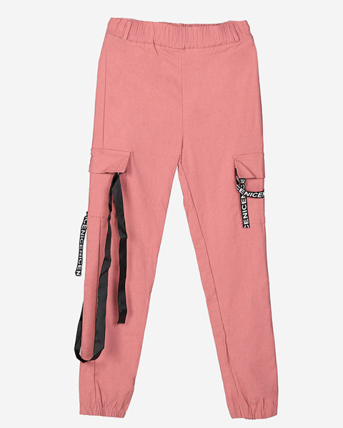 Dark pink women's cargo pants with a belt - Clothing
