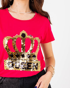 Fuchsia ladies t-shirt with crown and sequins - Clothing