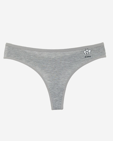 Gray cotton women's plain color thong with print - Underwear