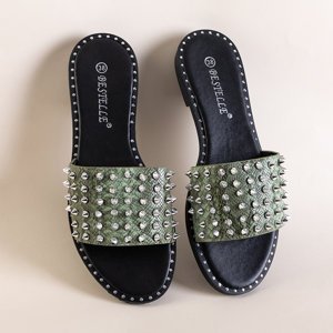Green women's flip-flops with studs and rhinestones Maurella - Footwear