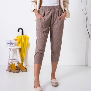 Ladies' beige striped trousers, 3/4 length - Clothing