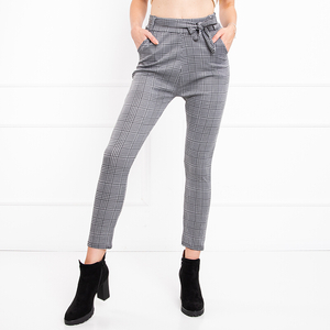 Light gray women's treggings with a checkered belt - Trousers