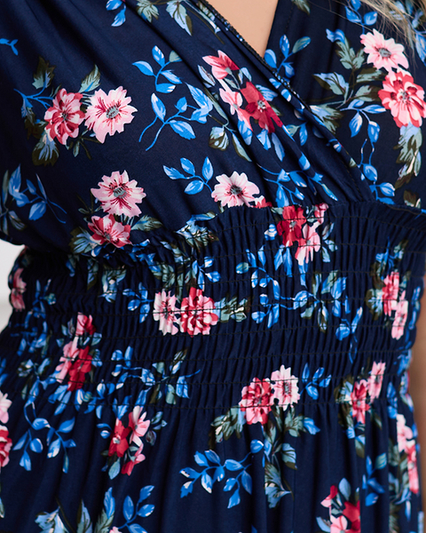 Long navy blue women's floral dress - Clothing