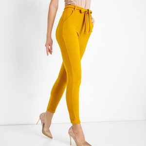 Mustard women's fabric pants with a tied belt - Clothing