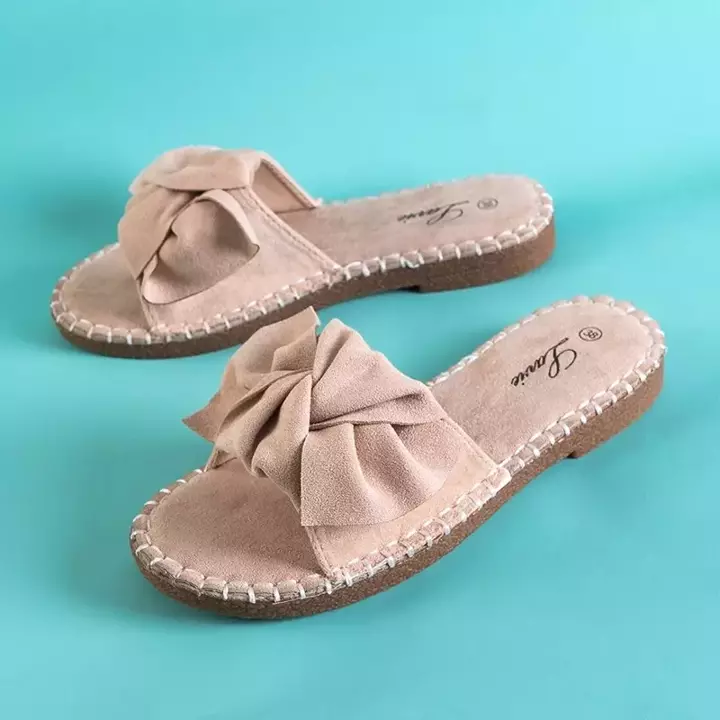 OUTLET Beige women's slippers with a bow Bonehas - Shoes