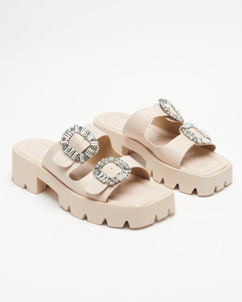 OUTLET Ladies' beige slippers with zircon ornaments Sadoh- Footwear