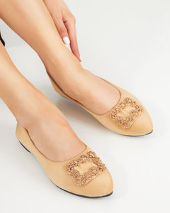 OUTLET Light brown women's eco-suede ballerinas with Linselis decoration - Shoes