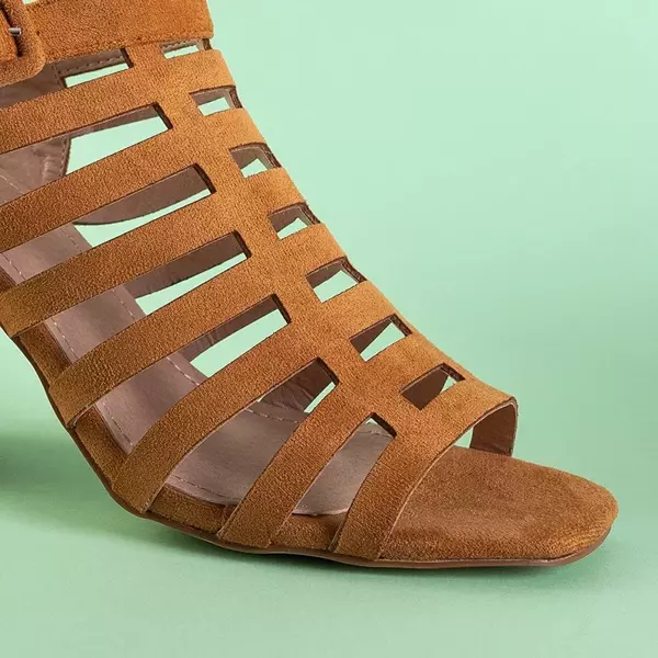 OUTLET Light brown women's stripe sandals on the Sim's post - Footwear
