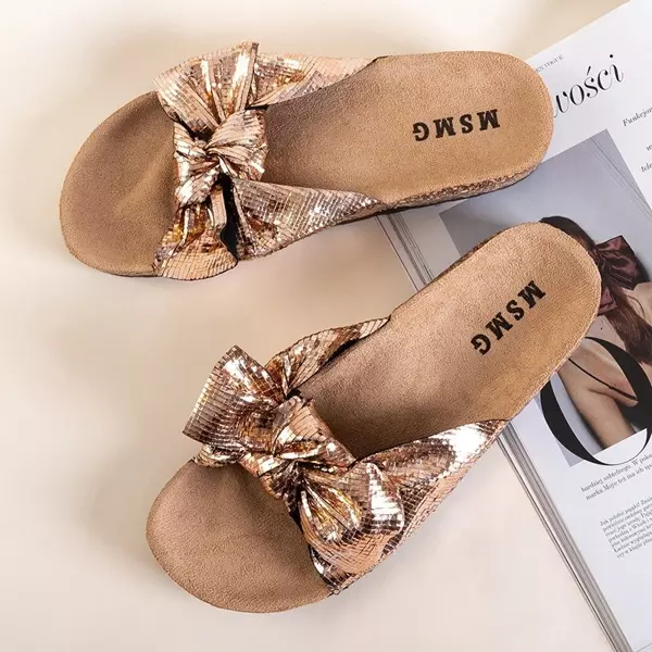 OUTLET Pink - gold women's slippers with a bow Akemi - Shoes