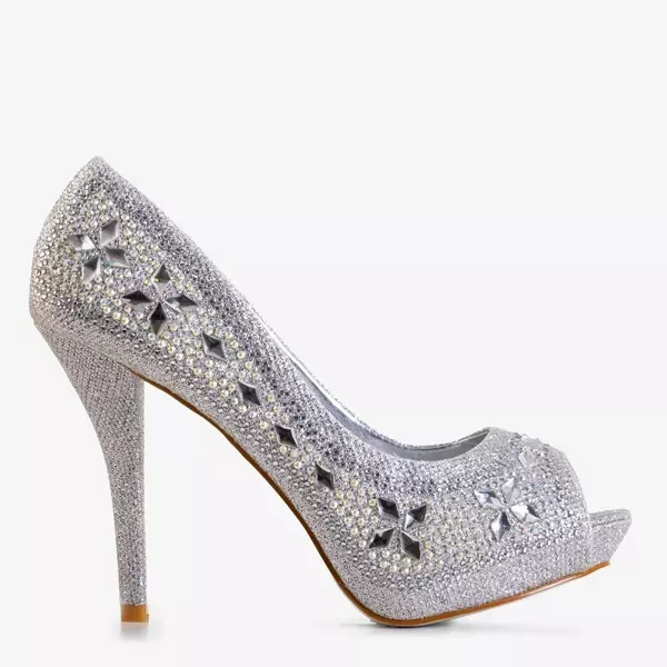 OUTLET Silver women's pumps on a high heel with Polinari decorations - Footwear