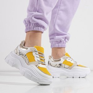 OUTLET White and yellow women's sports sneakers with an animal embossing Erwina - Footwear