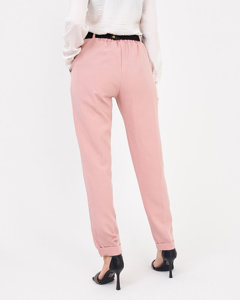 Pink women's fabric trousers with a belt - Clothing