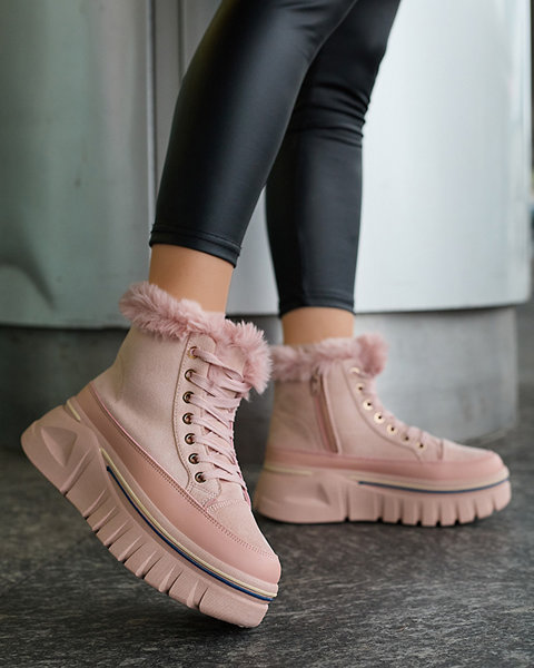 Pink women's platform lace-up snow boots - Footwear