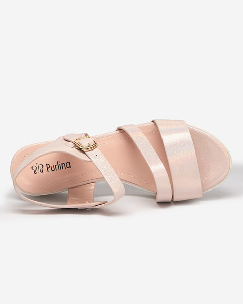 Pink women's sandals with holographic angesi effect - footwear