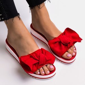 Red women's slippers on a low wedge heel with a bow by Nelesa - Shoes