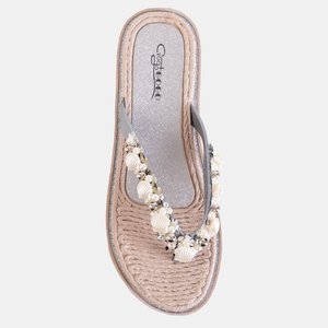 Silver women's flip-flops with Jefis decoration - Footwear