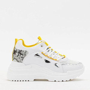 White women's sneakers with yellow elements on a thick sole Gisela - Footwear