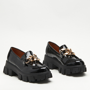 Women's black lacquered slip on shoes with a Linera chain - Footwear