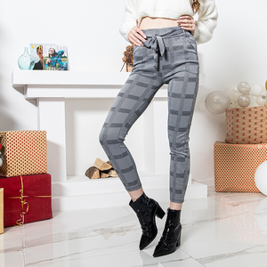 Women's gray checkered treggings with a belt - Clothing