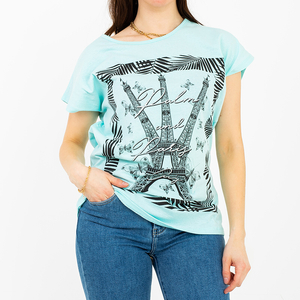 Women's mint t-shirt with color print and glitter PLUS SIZE - Clothing