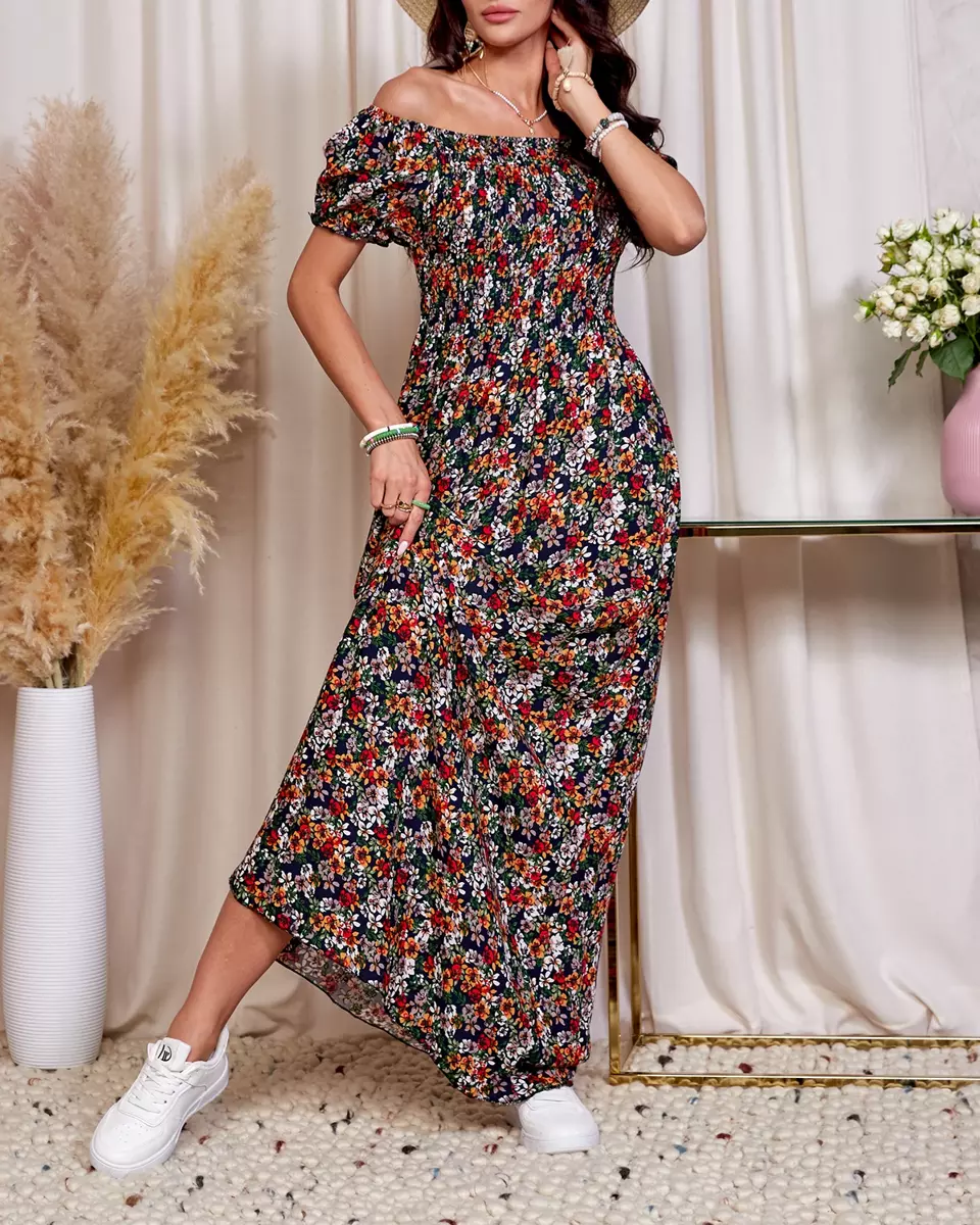 Women's navy blue midi dress with colorful flowers - Clothing