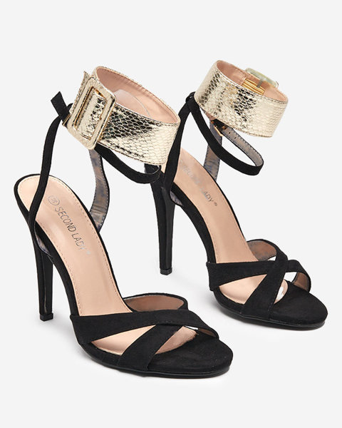 Women's sandals on a high heel in black with a gold stripe Magnessias - Footwear